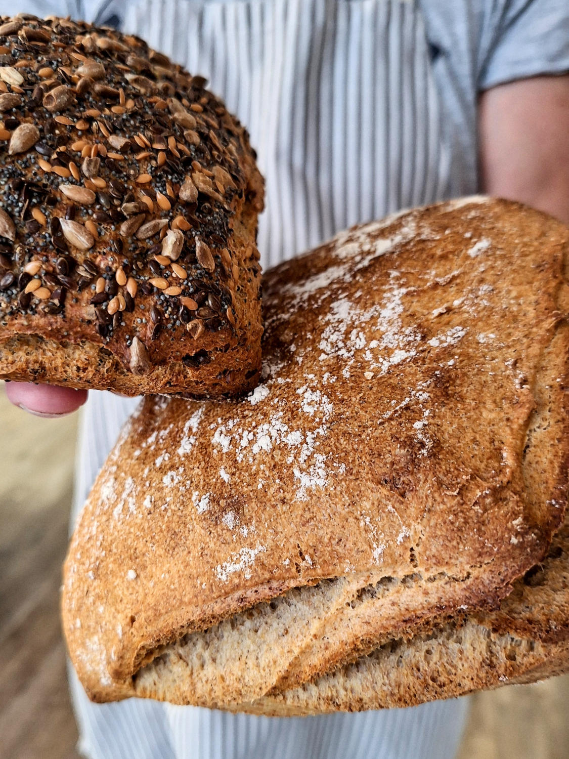 A person holding two artisan breads: l