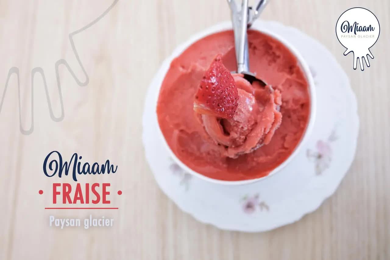 A bright red strawberry sorbet served in a bowl, topped with a piece of fresh strawberry, evoking the freshness of the fruits used.