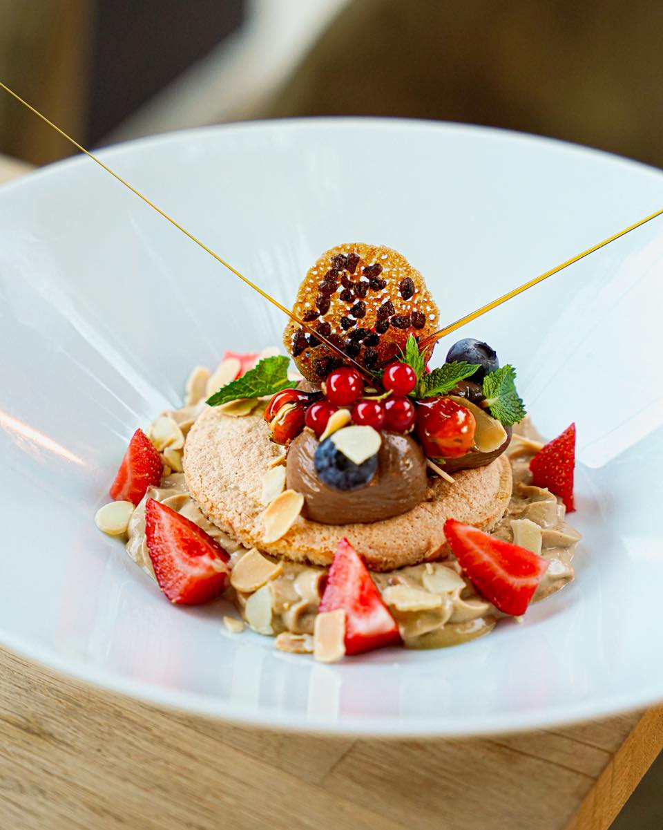 Strawberry, chocolate and roasted almond desserts