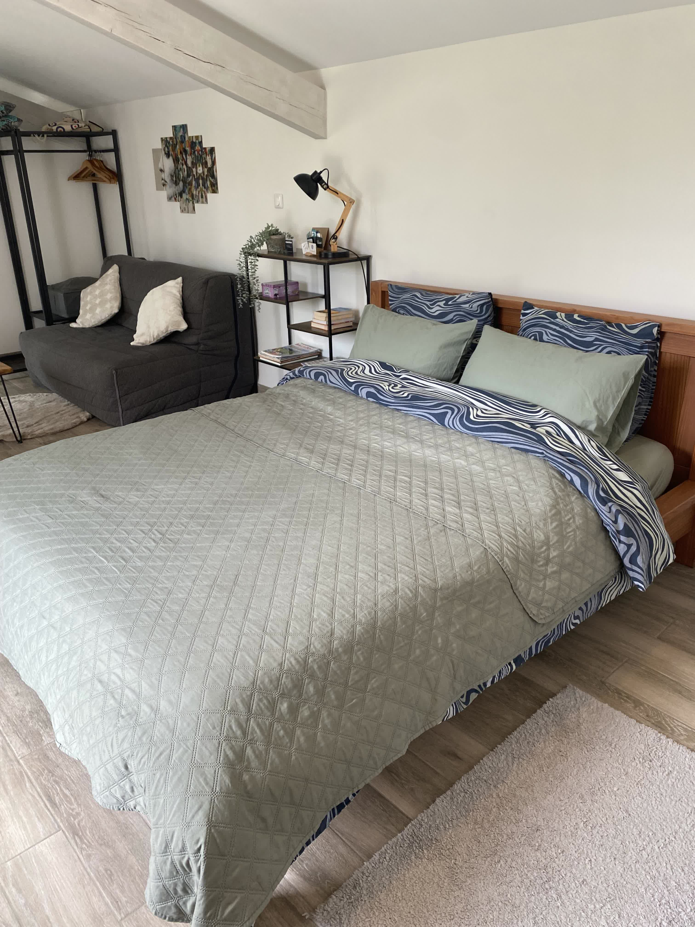 Quiet and refined room with a large double bed dressed in green linen, a gray sofa and contemporary decor.