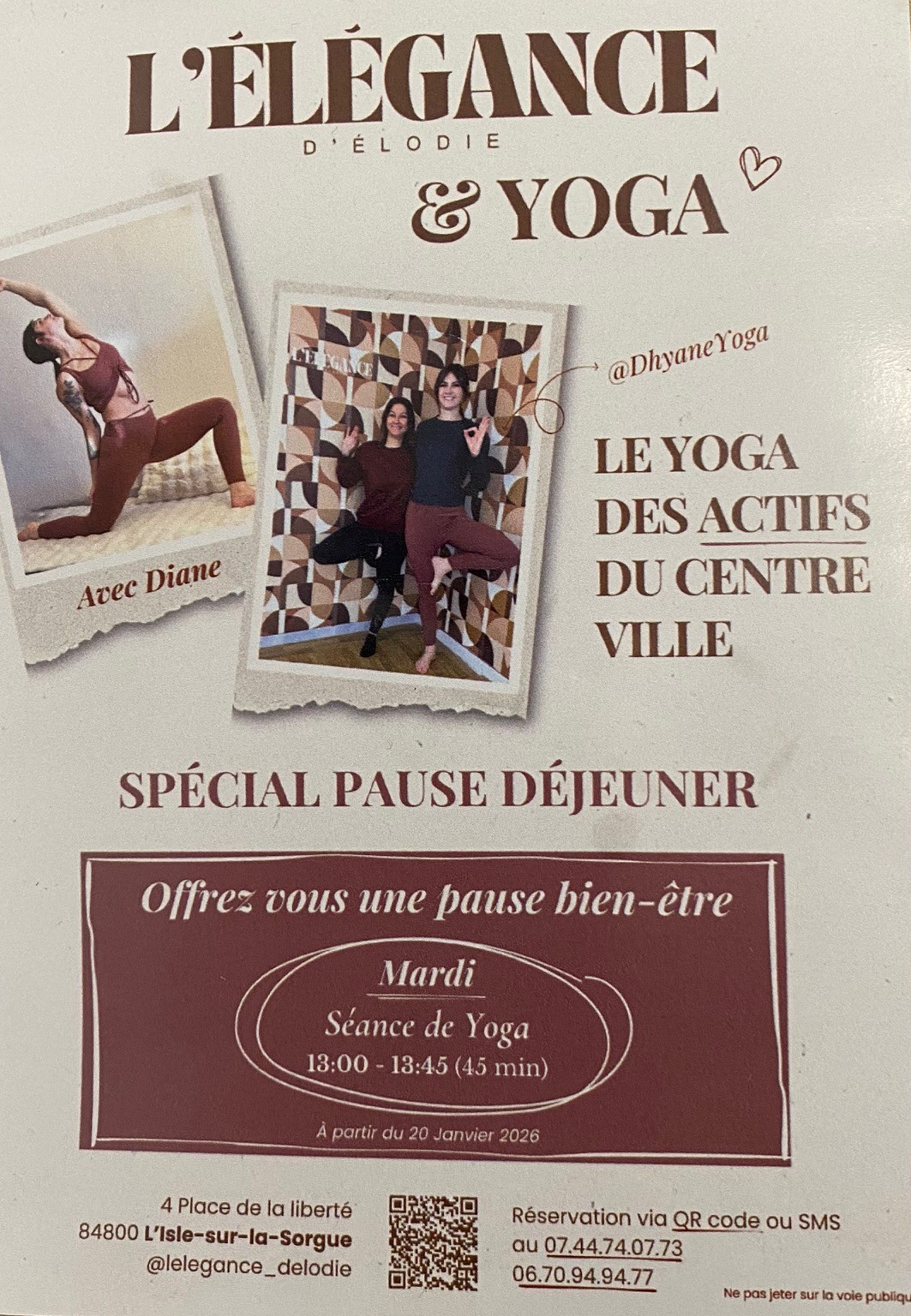 Poster partnership between Dhyane Yoga and Elodie for yoga session on Tuesday at 1 pm
