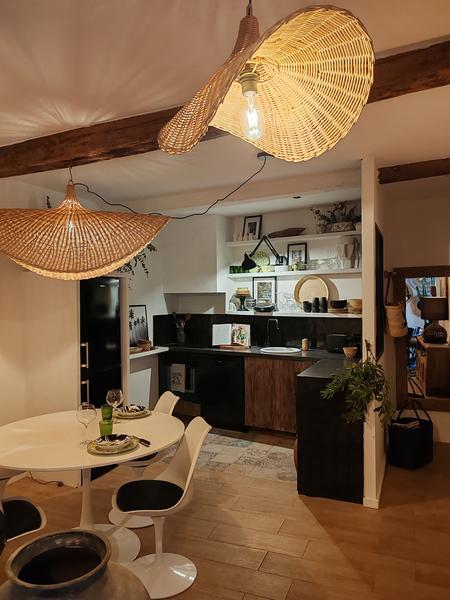 Living room kitchen decorated coocooning style