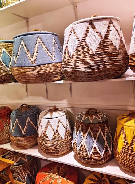 Wicker and wool basket with blue or white lid