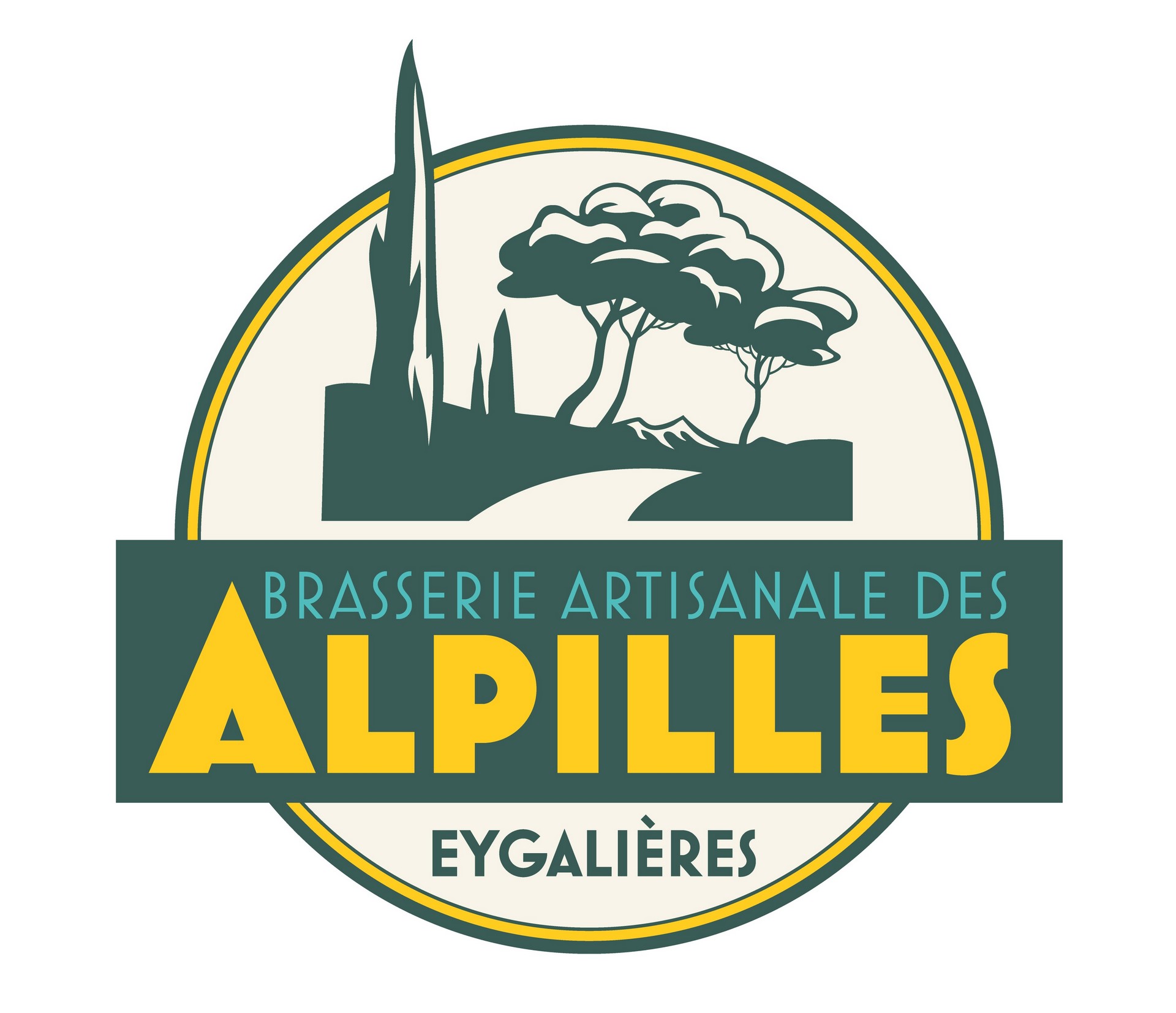 Logo of the Brasserie Artisanale des Alpilles in Eygalières, inspired by Provençal landscapes with the reliefs of the Alpilles, cypresses and pines emblematic of the territory.